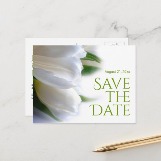 Elegant White Tulips Save the Date Ankündigungspostkarte (Vorderseite/Rückseite Beispiel)