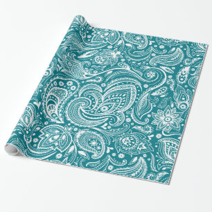 Elegant White & Turquoise Blue Floral Paisley Geschenkpapier