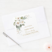 Elegant White Wild Rose First Holy Communion Quadratischer Aufkleber (Umschlag)