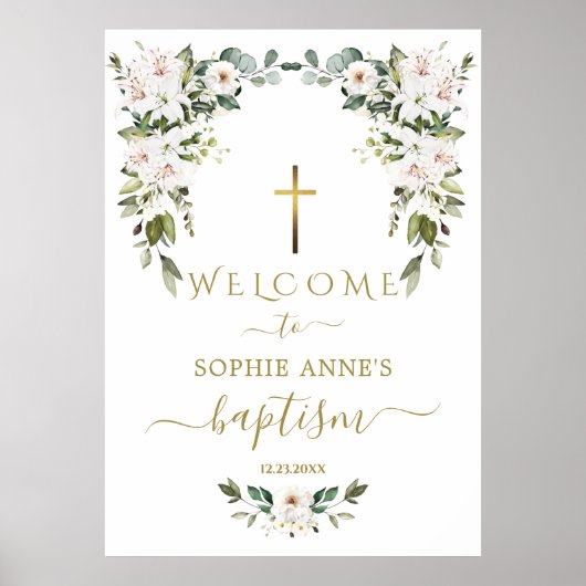 Elegant WhiteLily Wild Rose Welcome Baptism Sign Poster (Vorne)