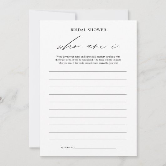 Elegant Who Bin I Brautparty Game Card Einladung (Vorderseite)
