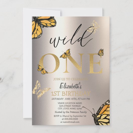 Elegant Wild One Gold Butterflies Birthday Einladung (Vorderseite)