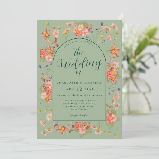 Elegant Wildflower Arch Sage Green Wedding Einladung (Stehend Vorderseite)