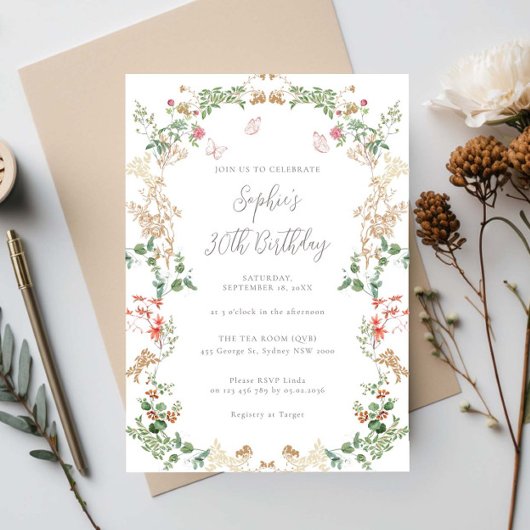 Elegant Wildflower Garden 30th birthday Einladung