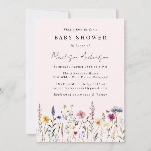 Elegant Wildflower Meadow Blush Pink Baby Shower Einladung (Vorderseite)