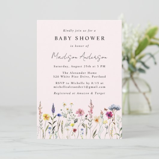 Elegant Wildflower Meadow Blush Pink Baby Shower Einladung (Stehend Vorderseite)