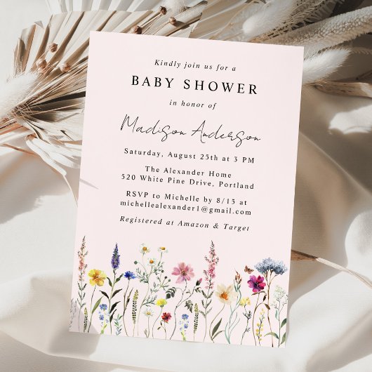Elegant Wildflower Meadow Blush Pink Baby Shower Einladung