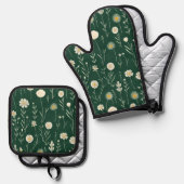 Elegant Wildflower Pattern on Dark Green  Ofenhandschuh & Topflappen-Set (Vorderseite/Rückseite)