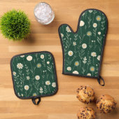 Elegant Wildflower Pattern on Dark Green  Ofenhandschuh & Topflappen-Set (Oben Unten)