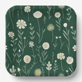 Elegant Wildflower Pattern on Dark Green  Pappteller