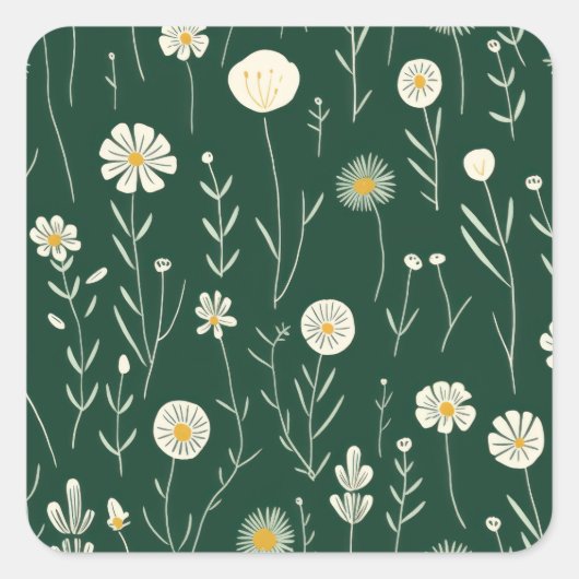Elegant Wildflower Pattern on Dark Green  Quadratischer Aufkleber (Vorderseite)