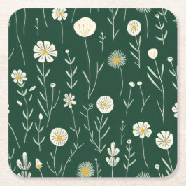 Elegant Wildflower Pattern on Dark Green  Rechteckiger Pappuntersetzer