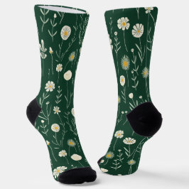 Elegant Wildflower Pattern on Dark Green  Socken