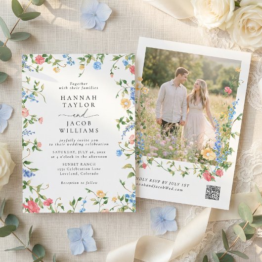 Elegant Wildflower Photo QR Code RSVP Wedding Einladung