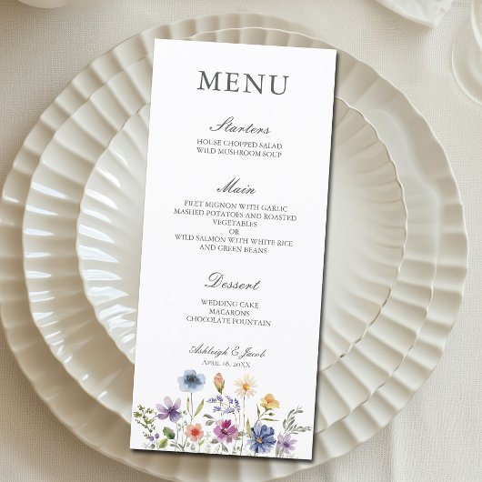 Elegant Wildflower Spring Wedding Dinner Menükarte