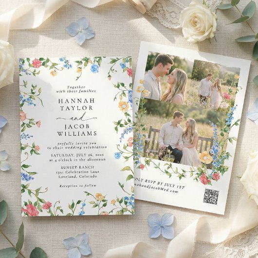 Elegant Wildflower Three Photo RSVP Wedding Einladung