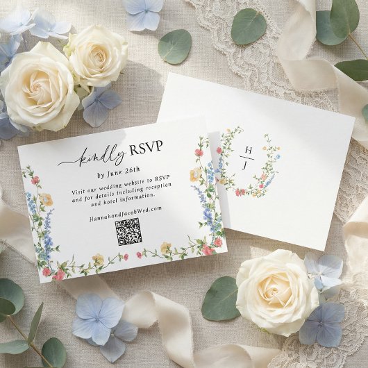 Elegant Wildflower Wedding QR Code RSVP Card Karte