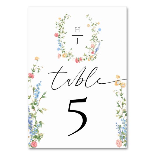 Elegant Wildflower Wedding Reception Tischnummer (Vorderseite)