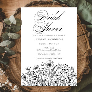 Elegant Wildflowers Black and White Bridal Shower Einladung