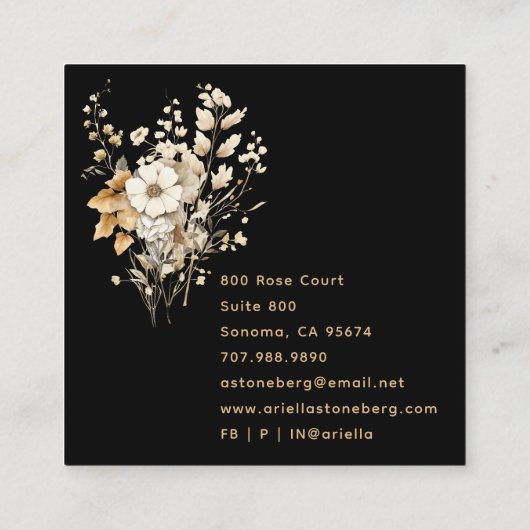 Elegant Wildflowers Black Quadratische Visitenkarte (Rückseite)