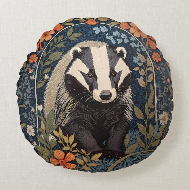 Elegant William Morris Inspiriert Badger Rundes Kissen (Vorderseite)
