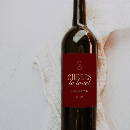Elegant Wine Red "Cheers to Love" Wedding Weinetikett