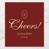 Elegant Wine Red Script "Cheers!" Wedding Weinetikett (Einzelnes Label)