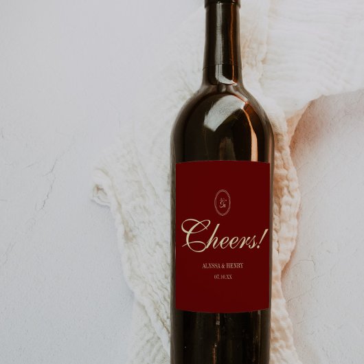 Elegant Wine Red Script "Cheers!" Wedding Weinetikett