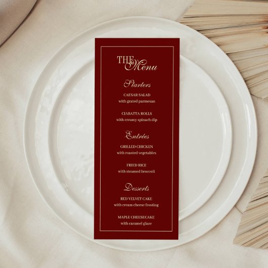 Elegant Wine Red Script Monogram Wedding Menükarte