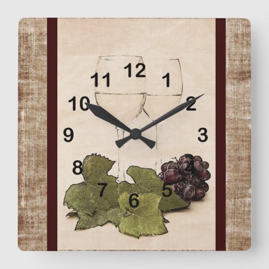 elegant wineglasses with grape clock quadratische wanduhr (Vorderseite)