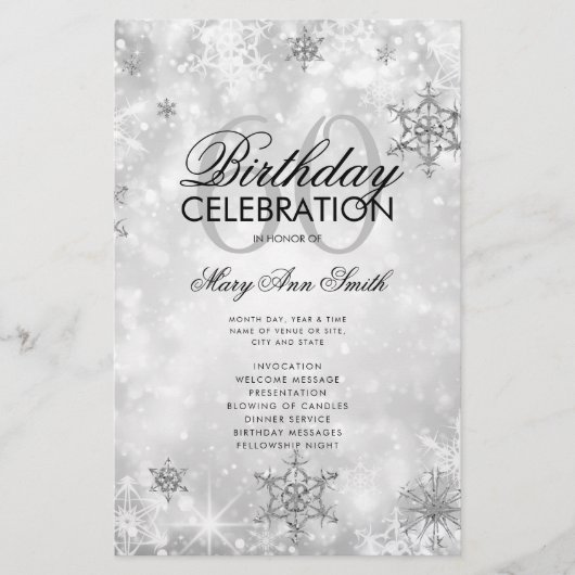 Elegant Winter 60. Geburtstag Programm Silver Menu Flyer (Vorne)