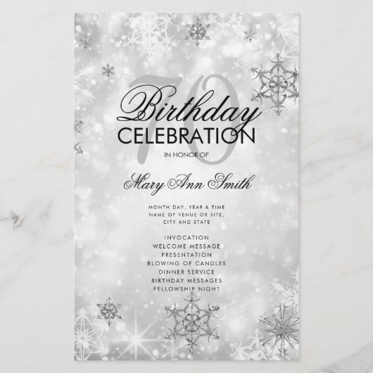 Elegant Winter 70. Geburtstag Programm Silver Menu Flyer (Vorne)