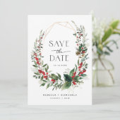 Elegant Winter Berries Greenery Wedding Photo Save The Date (Stehend Vorderseite)