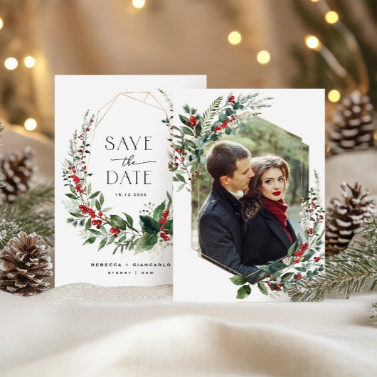 Elegant Winter Berries Greenery Wedding Photo Save The Date