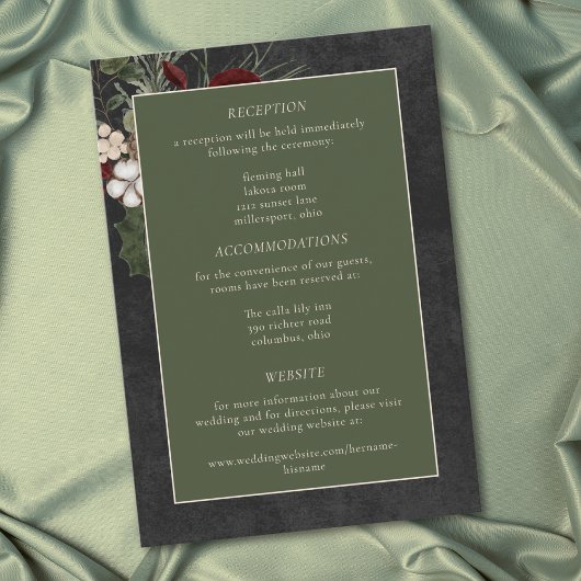 Elegant Winter Berries & Pine Black Wedding Begleitkarte