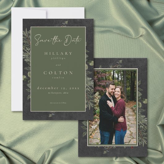 Elegant Winter Berries Pine Black Wedding Photo Save The Date