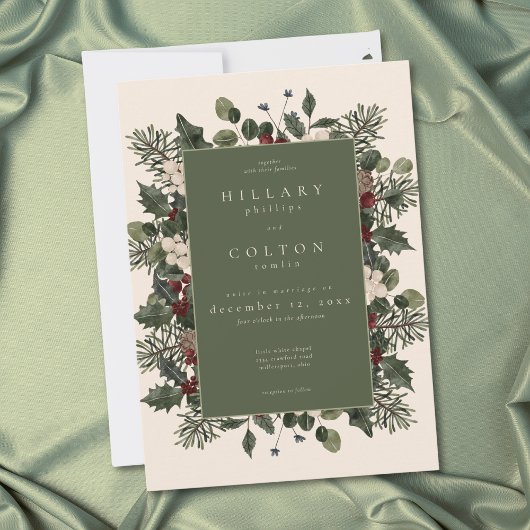Elegant Winter Berries & Pine Ivory Wedding Einladung
