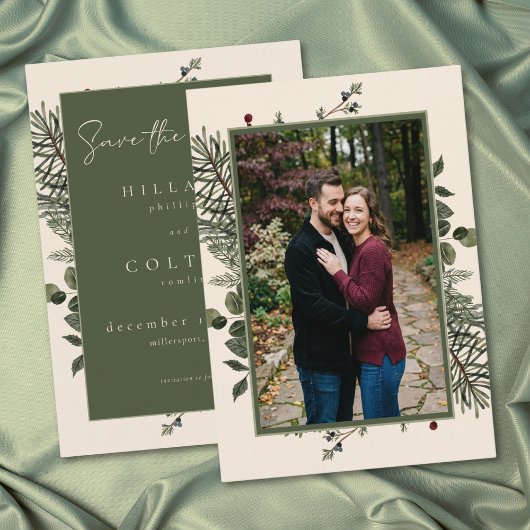 Elegant Winter Berries Pine Ivory Wedding Photo Save The Date