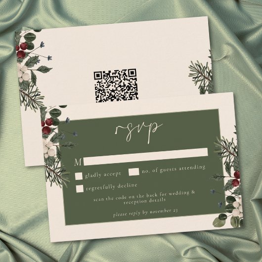 Elegant Winter Berries & Pine Ivory Wedding QR RSVP Karte