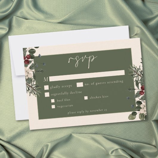 Elegant Winter Berries & Pine Ivory Wedding RSVP Karte