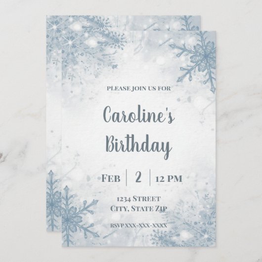 Elegant Winter Birthday Invitation – Snowflakes Einladung (Vorne/Hinten)