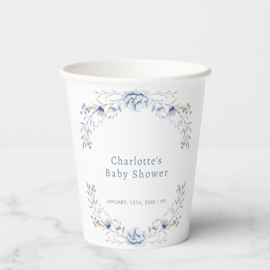Elegant Winter Blue Wilflower Blumenblütendusche Pappbecher (Rückseite)