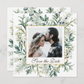 Elegant Winter Evergreen Eucalyptus Foto Wedding Save The Date (Vorne/Hinten)
