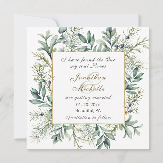 Elegant Winter Evergreen Eucalyptus Foto Wedding Save The Date (Rückseite)