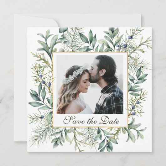 Elegant Winter Evergreen Eucalyptus Foto Wedding Save The Date (Vorderseite)