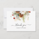 Elegant Winter Evergreen & Rowan Wedding Dankeskarte (Vorderseite)