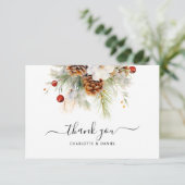 Elegant Winter Evergreen & Rowan Wedding Dankeskarte (Stehend Vorderseite)