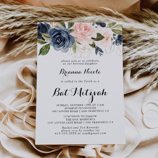 Elegant Winter Floral Calligraphy Bat Mitzvah Einladung