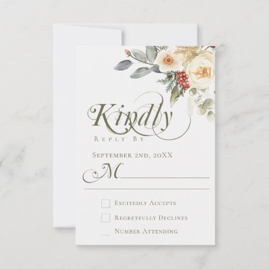 Elegant Winter Floral Calligraphy Script Wedding RSVP Karte (Vorderseite)