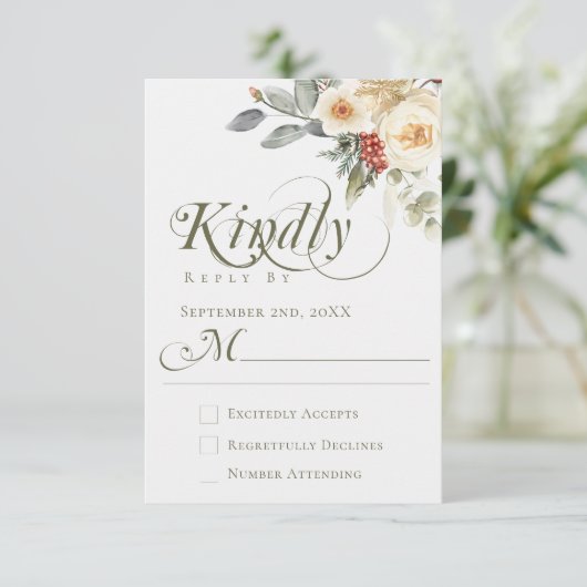 Elegant Winter Floral Calligraphy Script Wedding RSVP Karte (Stehend Vorderseite)
